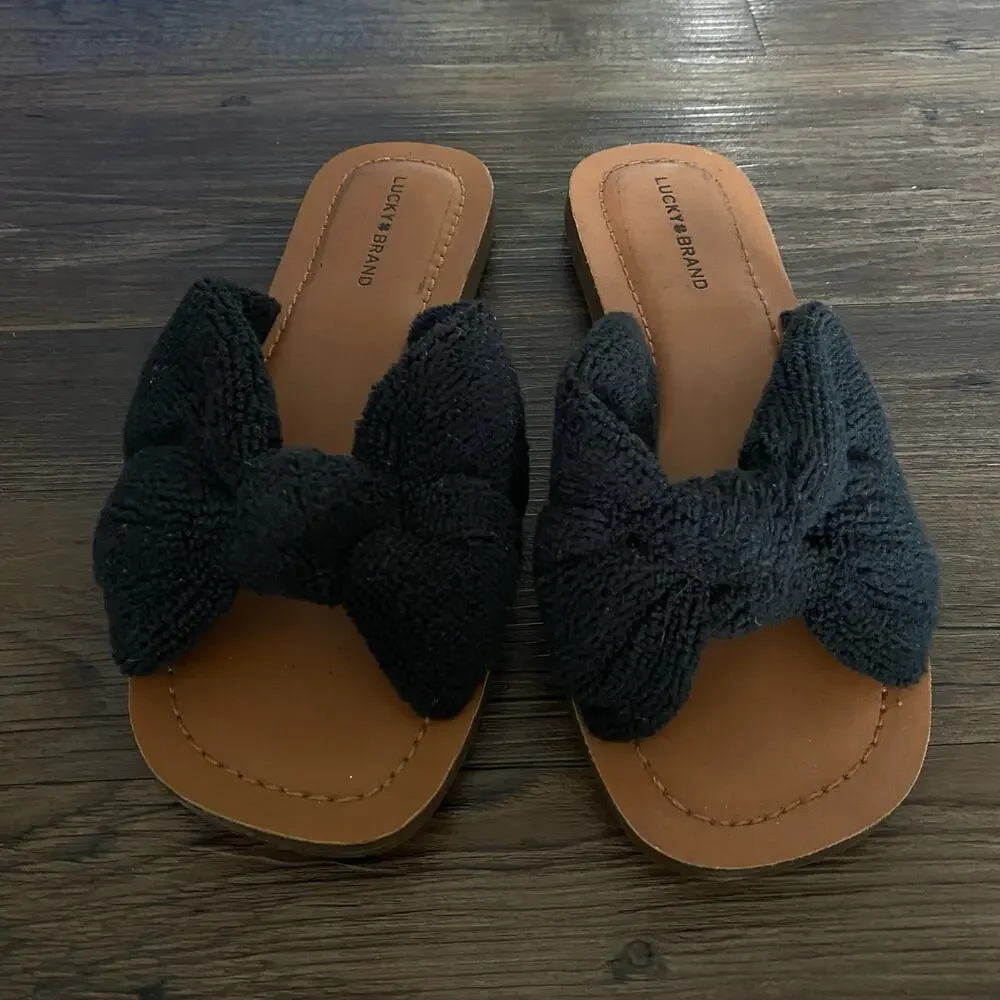 Lucky Brand sz 8.5 black terry cloth flat‎ slides NWOT